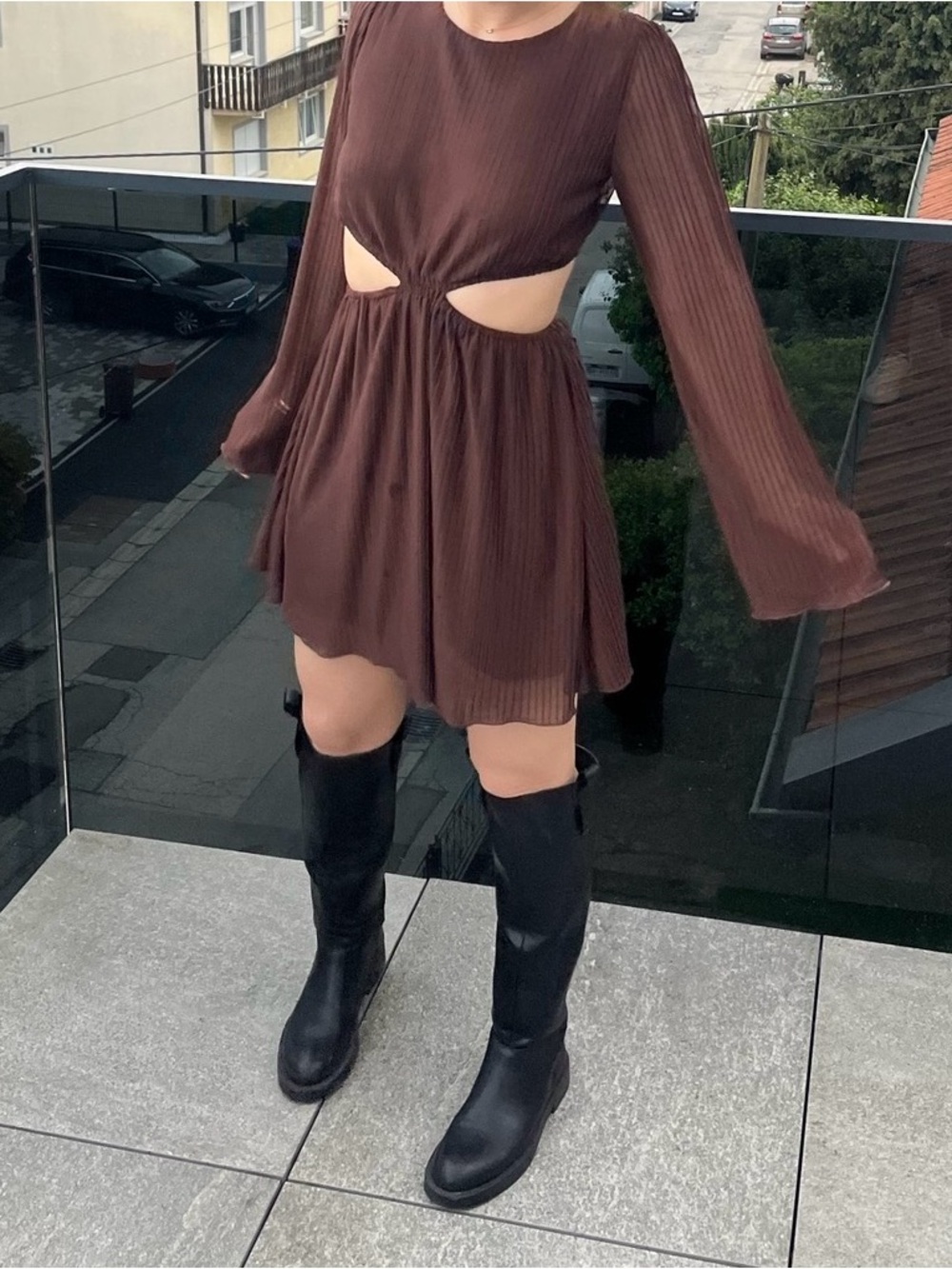 Zara Brown Long-Sleeve Mini Dress with Side Cutouts